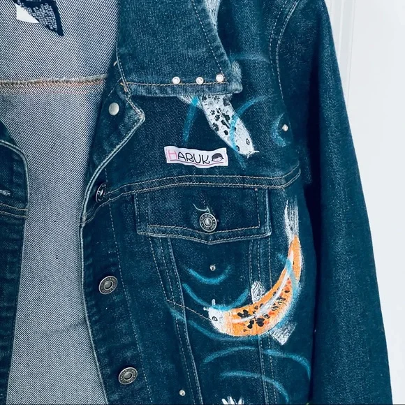 Gap Jean Jacket w/ Custom Handpainted Koi Fish & Haruka Girl - Picture 5 of 6